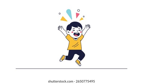 Criança feliz pulando de alegria celebrando uma conquista de sucesso com confetes coloridos estourando em torno dele