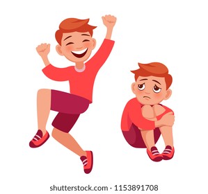 Happy Child Jumping With Joy And Sad Child Sitting Hugging His Knees. Bad And Good Mood. Little Boy Different Poses And Emotion Cartoon Vector Set Illustration Full-length