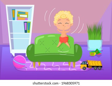 Happy child jumping on green soft sofa. Cartoon vector illustration. Smiling little boy playing and jumping on couch with toys and bookcase beside. Furniture, interior design, home, play concept