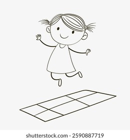 A happy child jumping on a hopscotch grid