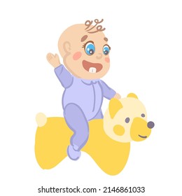 niño feliz saltando sobre un oso inflable. entretenimiento infantil para un bebé de un año. juegos con un niño hasta un año. ilustración vectorial.