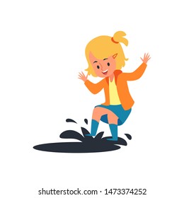 Happy child jumping on rain puddle, little blonde girl having fun splashing mud water with her spring boots, rainy weather play - isolated flat cartoon vector illustration on white background