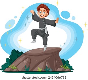 Happy child in karate uniform on a rock