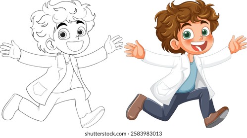 Happy child in lab coat running joyfully