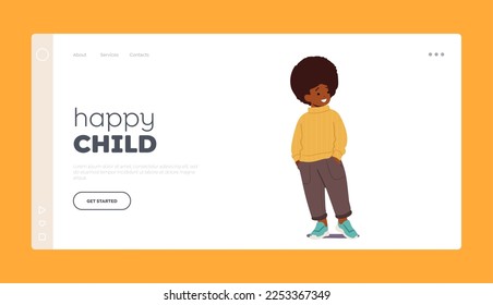 Happy Child Landing Page Template. Little African American Boy with Curly Hair Standing with Arms in Pockets. Toddler Kid Character with Black Skin Happily Smiling. Cartoon People Vector Illustration