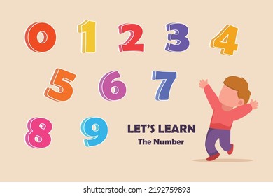 Happy child learn the number 0-9. Training write and count numbers concept. Vector illustration.