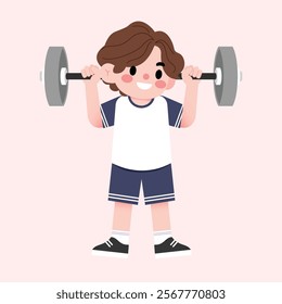 Happy Child Lifting Weights Cartoon Illustration Fitness Exercise Boy