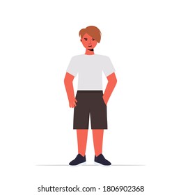 happy child little boy in casual trendy clothes male cartoon character standing pose full length isolated vector illustration