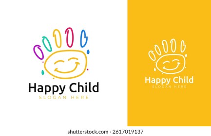 Happy child logo design. Symbol with palm colorful, line, and smile concept. Kindergarten vector illustration