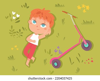 Niño feliz tendido sobre hierba verde, vista desde arriba ilustración vectorial. Escena de caricatura al aire libre con un lindo escolar sonriendo y disfrutando de la naturaleza de verano o primavera en el césped con un fondo de flores