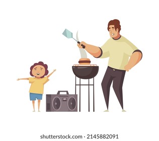 Happy child and man dancing and grilling burgers at bbq party flat vector illustration