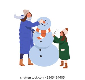 Happy child and mom making snowman outdoors. Mother with 
cute daughter making snowman flat vector illustration isolated on white background. Winter games, family outdoors activity. Christmas time.