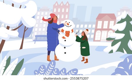 Happy child and mom making snowman outdoors in city park. Mother with daughter making snowman flat vector illustration on winter city background. Winter games, family outdoors activity. Christmas time