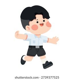 happy child moving quickly with lively spirit and playful energy in academic clothing for creative scene