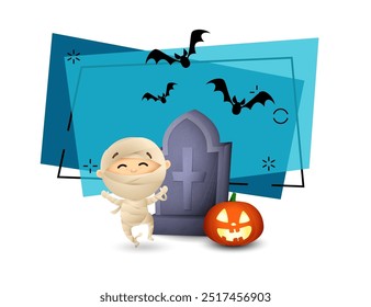 Niño feliz en traje de momia. Linterna de calabaza, lápida, murciélagos voladores sobre fondo. Diseño de invitación o Anuncio. Concepto de Halloween. Ilustración vectorial para cartel o folleto