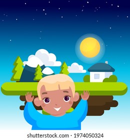 Happy child on the background of the planet and space. Vector graphics. EPS 10.