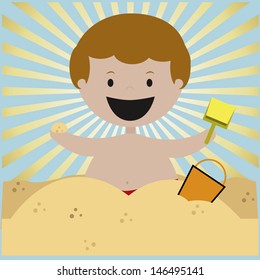 happy child on the beach sand under the sun with yellow shovel and red jar.