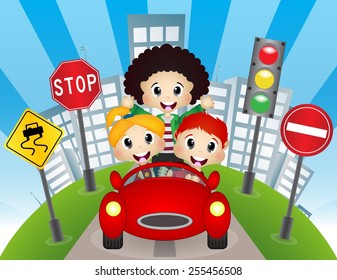 Happy Child on a car with city background and traffic sign