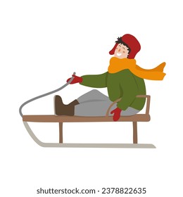 Happy child on sledge. Smiling kid on sled enjoying winter outdoor activity. Flat cartoon vector illustration. Leisure time in snowy season. Boy wearing warm winter clothes having fun