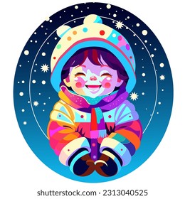 Happy child on winter play. outdoor activity.  Vector illustration, can be used as mascot, promotion for brands, season offers, kindergarten logo.
