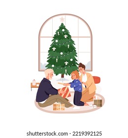 Happy child opening Christmas gift box. Mother, father and girl kid with Xmas presents. Family, parents and daughter near fir tree at home. Flat vector illustration isolated on white background