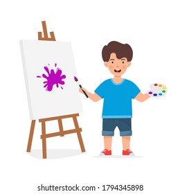 Happy Child Painting on Easel. Smiling Boy with brush and paints. Kids art center banner, flyer. Vector Illustration