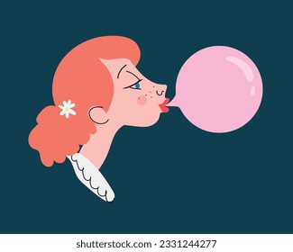 Happy child with pink bubblegum. Fun and childhood.Child popping gum bubbles. Vector illustration.