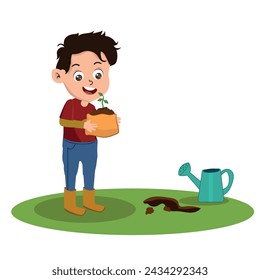 happy child planting a tree, boy helping in the reforestation of nature. vector illustration.