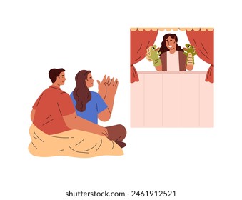 Happy child play in the hands puppet show for the parents. Cute home theater for family, entertainment. Cartoon girl with dragon puppet toys on scene vector flat illustration isolated on white