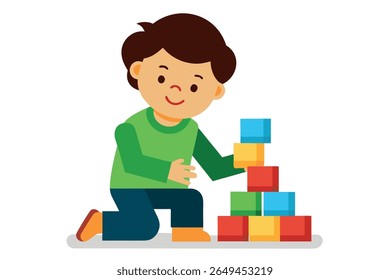 Happy child playfully building colorful block tower, vector illustration.