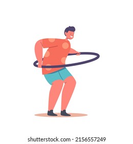 Happy Child Playing with Hula Hoop Rolling and Spinning Ring around the Waist Isolated on White Background. Funny Preteen Kid Character Fun Spare Time, Recreation. Cartoon People Vector Illustration
