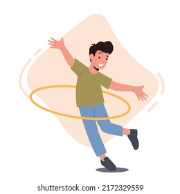 Happy Child Playing mit Hula Hoop. Funny Preteen Kid Character Fun Spare Time, Recreation, Rolling and Spinning Ring rund um die Taille einzeln auf weißem Hintergrund. Vektorgrafik von Cartoon People