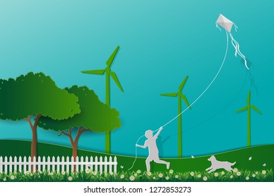 Happy child playing kite in the meadow with dog,concept of love the earth save nature and environment,vector illustration