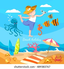 Happy child playing on the beach summer holiday vector 