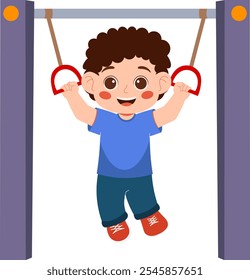 Niño feliz jugando en anillos gimnásticos ilustración