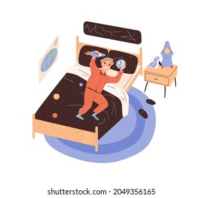 Happy child playing with rocket and globe toys in bedroom. Excited dreamy boy imagining and dreaming about space during his game in bed. Flat vector illustration isolated on white background