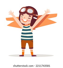 Happy child playing with toy paper wings at home. Children have fun. Success, creativity and entrepreneurial concept. Flat vector illustration isolated.background.