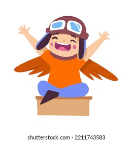 Happy child playing with toy paper wings at home. Children have fun. Success, creativity and entrepreneurial concept. Flat vector illustration isolated.background.