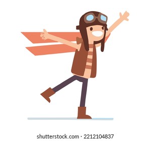 Happy child playing with toy paper wings at home. Children have fun. Success, creativity and entrepreneurial concept. Flat vector illustration isolated.background.