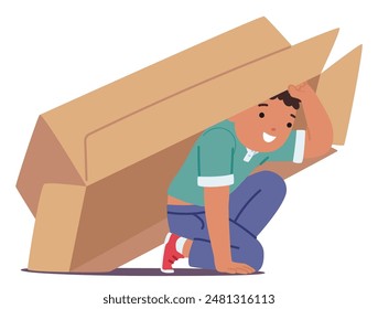 Happy Child Playing Under The Large Cardboard Box, Demonstrating Concept Of Prepositions Of Place. Boy Smiling And Enjoying The Playful Moment, Showcasing Imagination And Creativity In Kids Activities