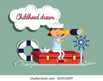 Happy child playing with vintage nautical things. Kid having fun. Summer sea dream and imagination. Adventure and travel concept. Chidhood dream. Sailor child.