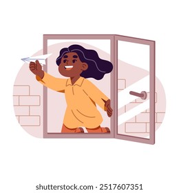 Happy child plays with paper aircraft front of open window. Kid has fun with toy plane in danger. Little girl at risk of falling from height. Flat isolated vector illustration on white background