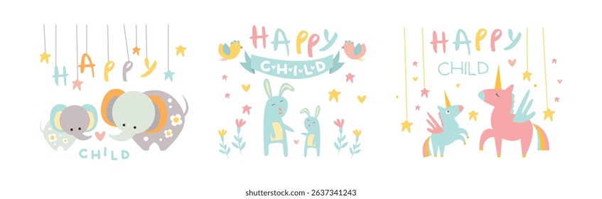 Happy Child Print with Cute Animal Vector Set