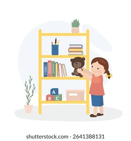 Happy child puts toys and books on the shelf. Cleaning the children's room. Little girl helps parents to clean and tidy the house. Fun and happy childhood. Responsibility. flat vector illustration