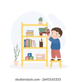 Happy child puts toys and books on the shelf. Cleaning the children's room. Little boy helps parents to clean and tidy the house. Fun and happy childhood. Responsibility. flat vector illustration
