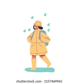 Happy child in raincoat walk to school with backpack protected from rain weather outdoors. Cute little girl enjoy rainy weather. Cartoon flat vector illustration