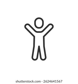 Happy child with raised arms, linear icon. Symbolizes joy, success, playfulness, and celebration. Editable stroke.