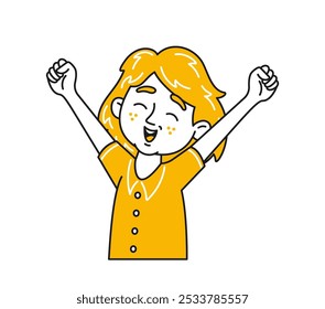 Happy Child Raising Arms In Joy. Charming Cartoon Kid Showing Excited Delight. Vector Illustration Captures A Fun