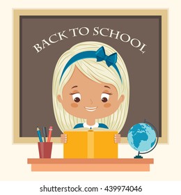 Happy child reading a book at school. Little girl studying. Back to school vector cartoon illustration.