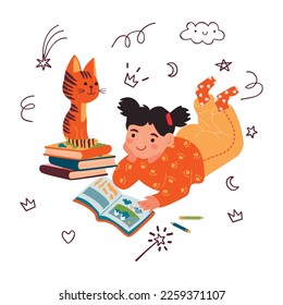 Happy child reads a book with kitten.Little girl with storybook, cat, stack of books  and doodle elements.Cartoon and graphic clip art set.Readers concept.Vector flat illustration on white background.